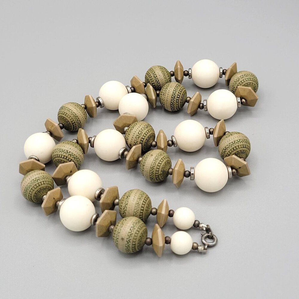 Cream and Patterned Green Beaded Statement Necklace Geometric Wood Accents